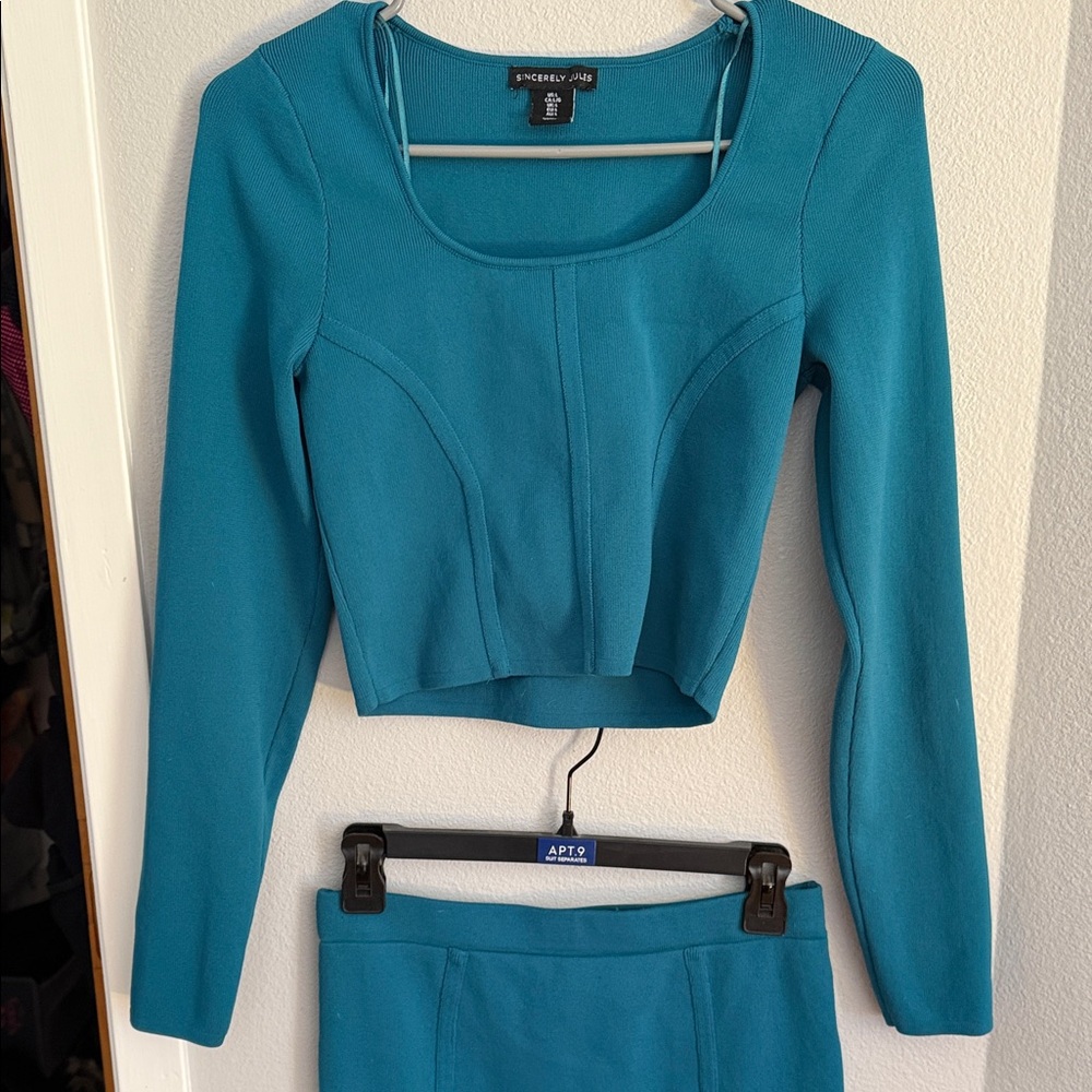 Sincerely Jules Teal Long Sleeve Cropped Top and Pencil skirt